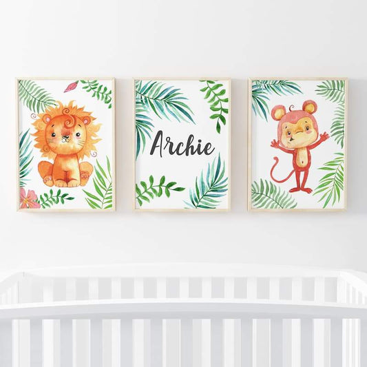 Animal Safari 3 Set - Personalised Name Boy - Pompom Prints