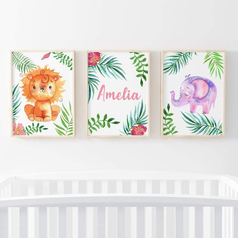 Animal Safari 3 Set - Personalised Name Girl - Pompom Prints
