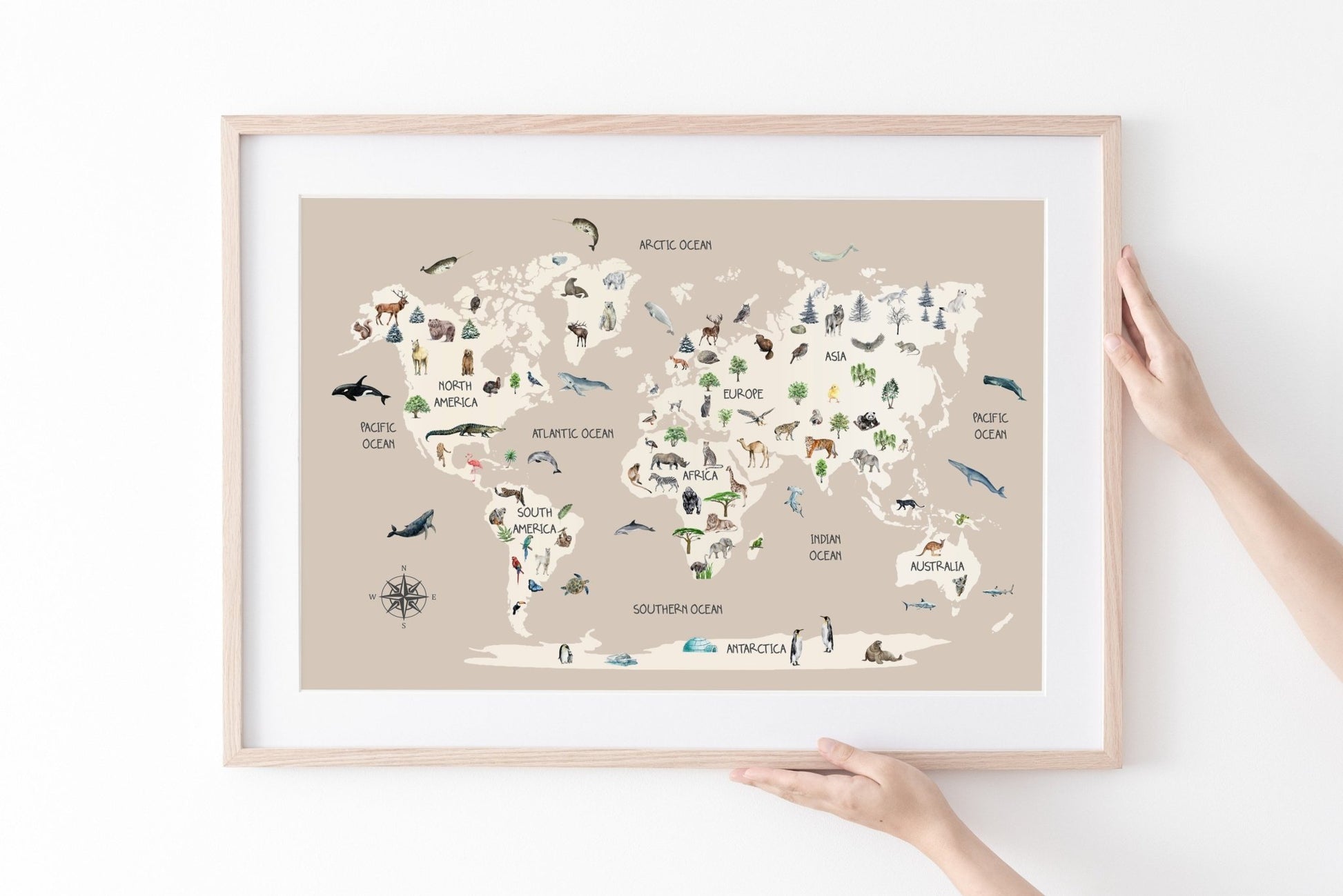 Childrens Animal World Map - Scandinavian Style - Pompom Prints