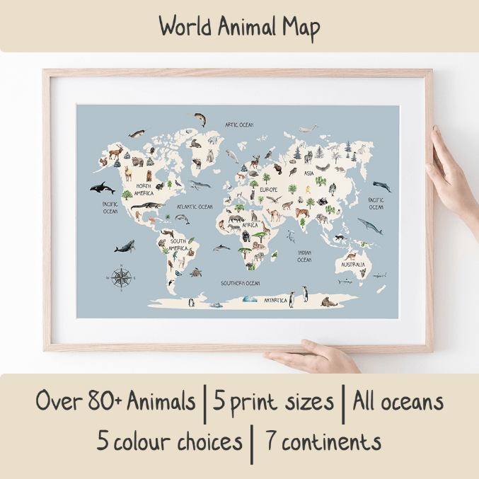 Childrens Animal World Map - Scandinavian Style - Pompom Prints