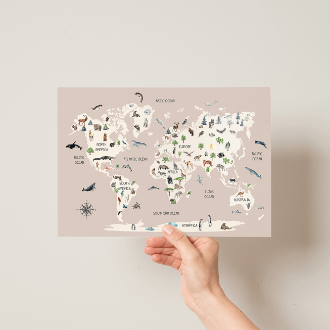 Childrens Animal World Map - Scandinavian Style - Pompom Prints