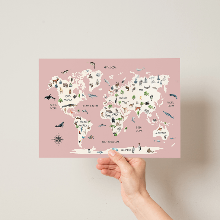 Childrens Animal World Map - Scandinavian Style - Pompom Prints