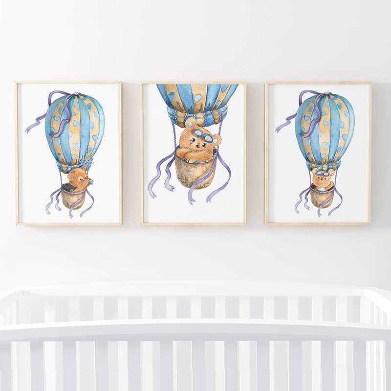 Hot Air Balloon Teddys - 3 Set Balloon Bear - Pompom Prints