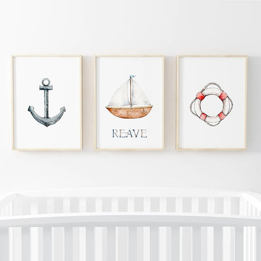 Nautical - 3 Set (Anchor, Custom name Boat, Life Ring) - Pompom Prints