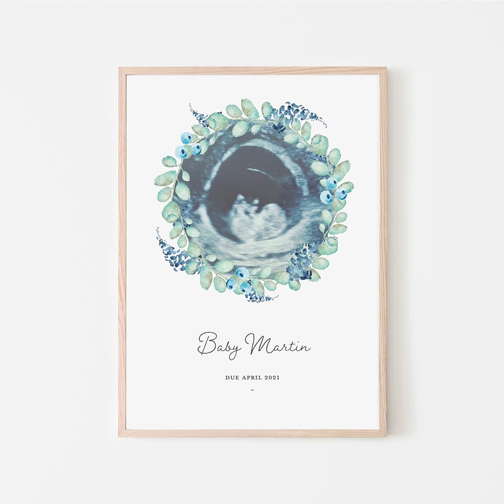 Personalised Baby Scan Portrait - Blue Wreath - Pompom Prints