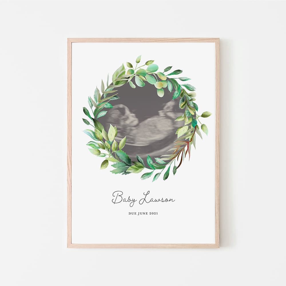 Personalised Baby Scan Portrait - Neutral Wreath - Pompom Prints