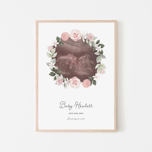 Personalised Baby Scan Portrait - Pink Wreath - Pompom Prints