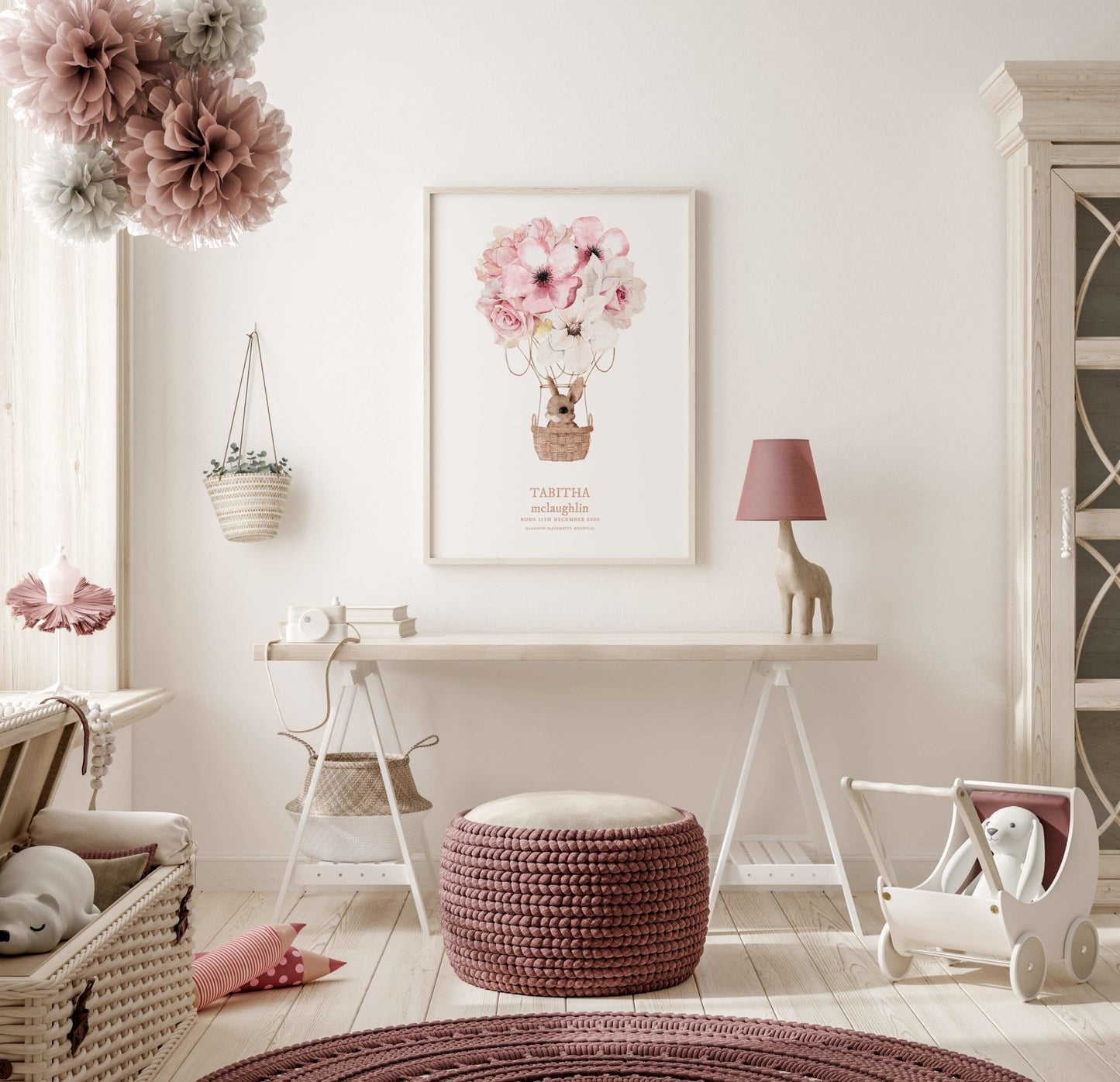 Personalised New Baby Balloon Print - Pink - Pompom Prints