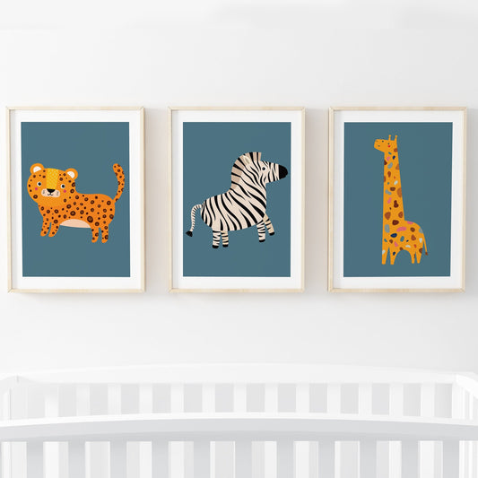 Speckled Giraffe Jungle Prints- 3 set - Blue - Pompom Prints