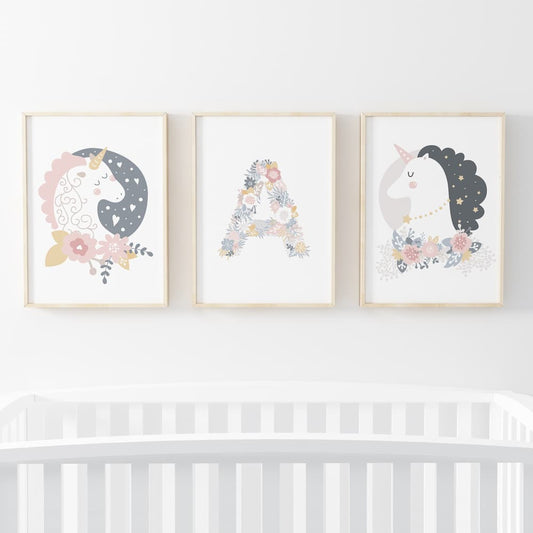 Unicorn Flowers - 3 Set - Choose your Letter - Pompom Prints