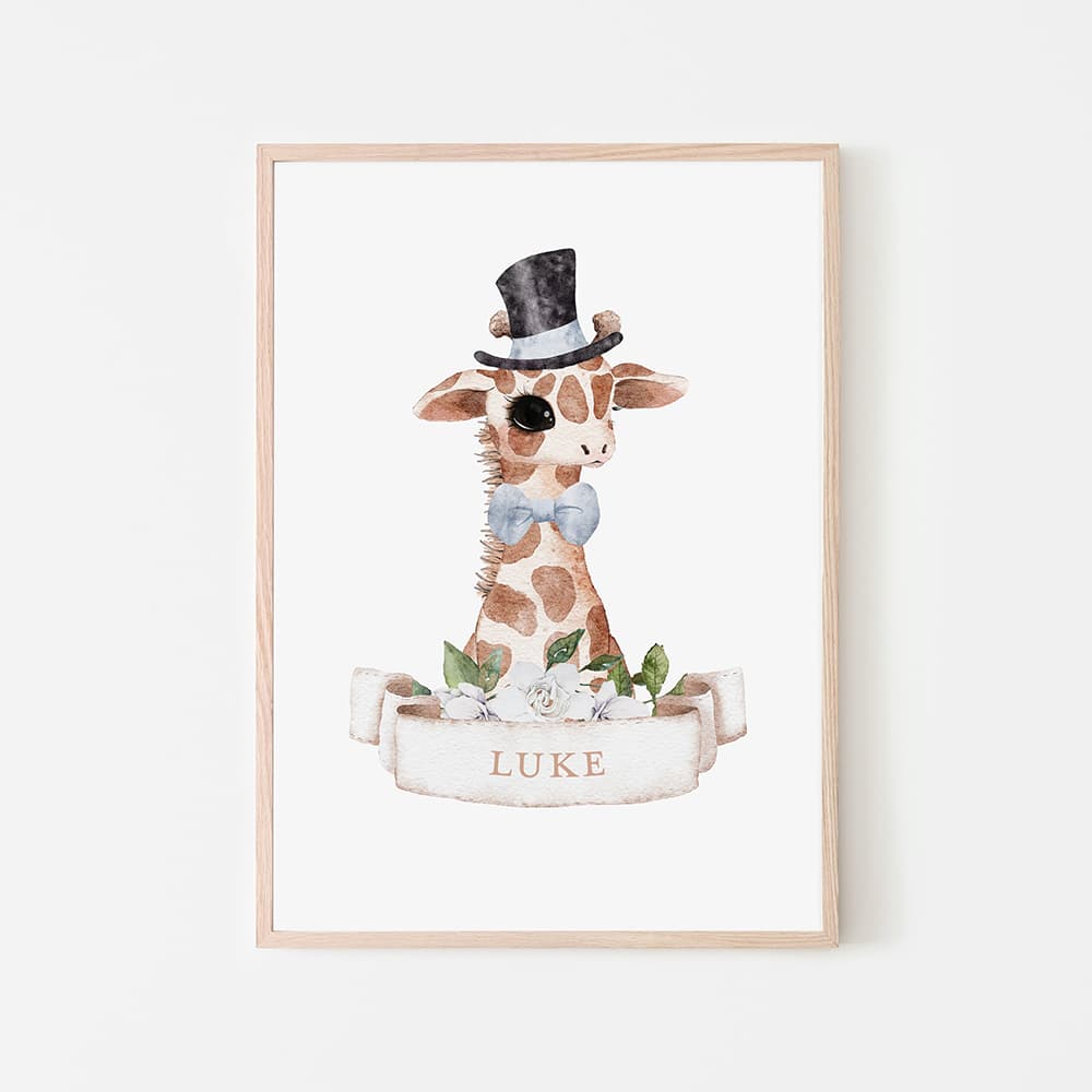 Watercolour Animals Name Print - Giraffe - Boy - Pompom Prints
