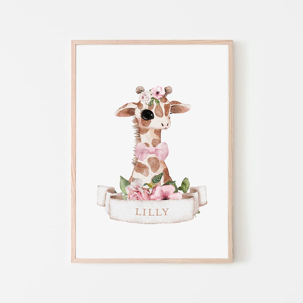Watercolour Animals Name Print - Giraffe - Girl - Pompom Prints