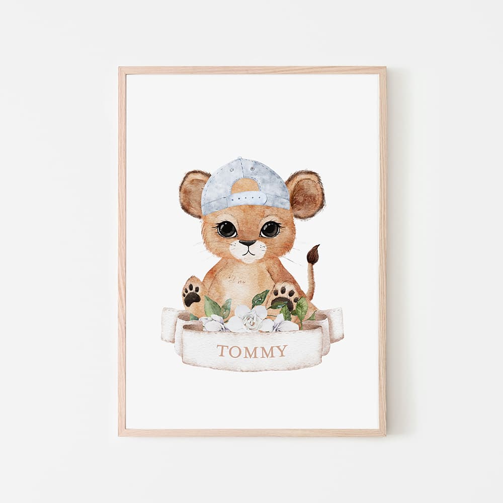 Watercolour Animals Name Print - Lion- Boy - Pompom Prints