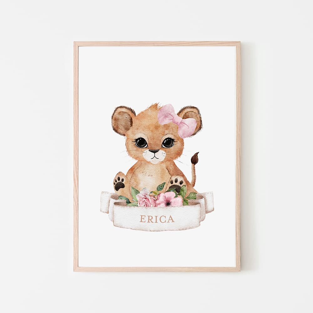 Watercolour Animals Name Print - Lion- Girl - Pompom Prints