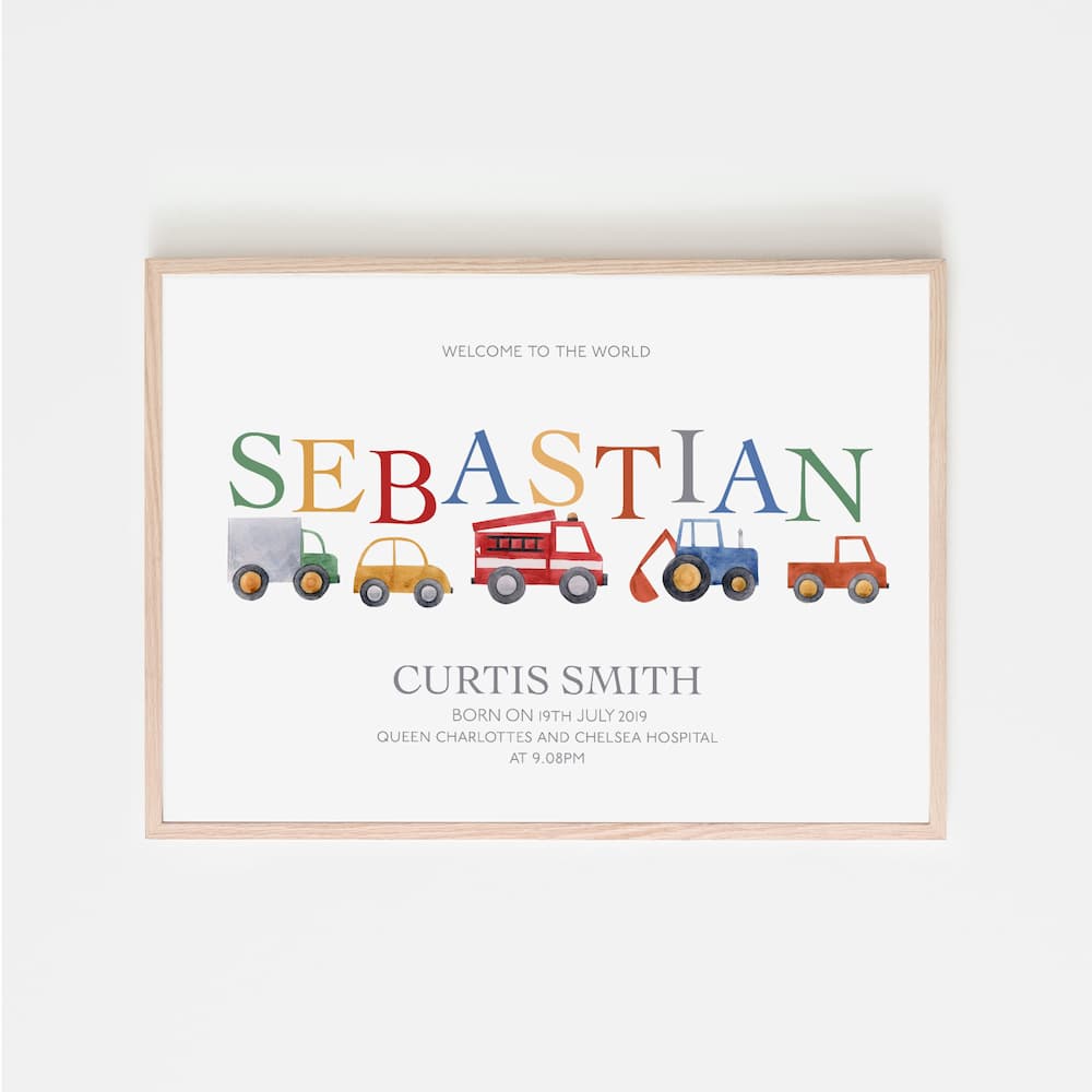 Watercolour Vehicles - New Baby Personalised - Pompom Prints