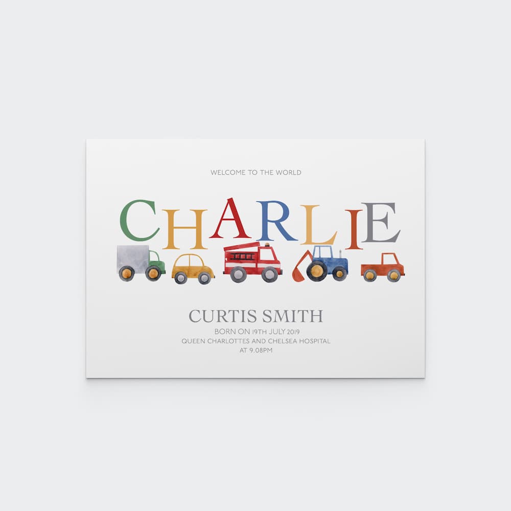 Watercolour Vehicles - New Baby Personalised - Pompom Prints