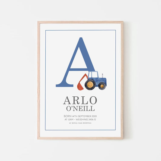 Watercolour vehicles - Personalised Name and Letter Print - Blue - Pompom Prints