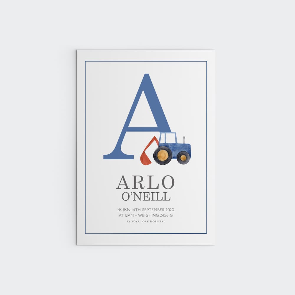 Watercolour vehicles - Personalised Name and Letter Print - Blue - Pompom Prints