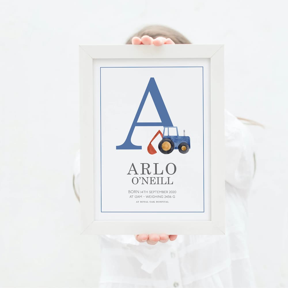 Watercolour vehicles - Personalised Name and Letter Print - Blue - Pompom Prints