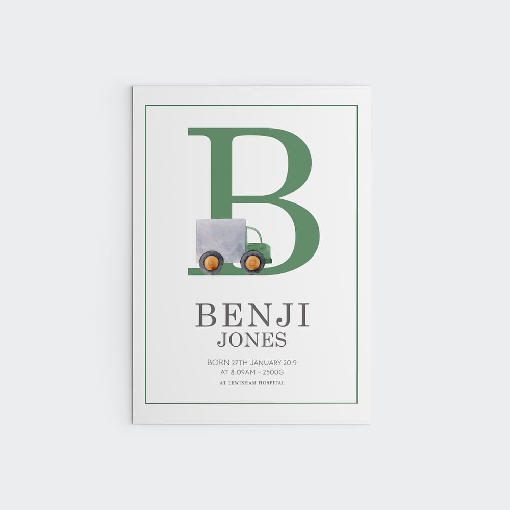 Watercolour vehicles - Personalised Name and Letter Print - Green - Pompom Prints