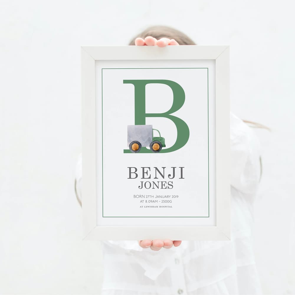 Watercolour vehicles - Personalised Name and Letter Print - Green - Pompom Prints