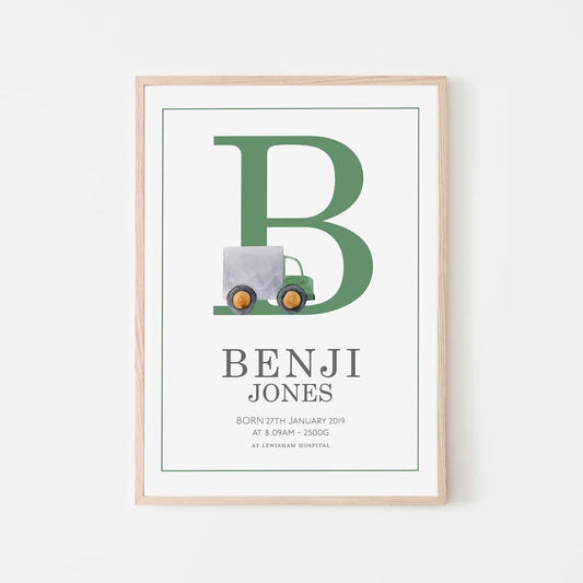 Watercolour vehicles - Personalised Name and Letter Print - Green - Pompom Prints