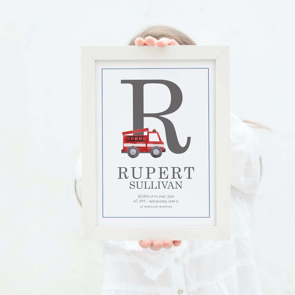 Watercolour vehicles - Personalised Name and Letter Print - Grey - Pompom Prints