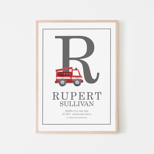 Watercolour vehicles - Personalised Name and Letter Print - Grey - Pompom Prints