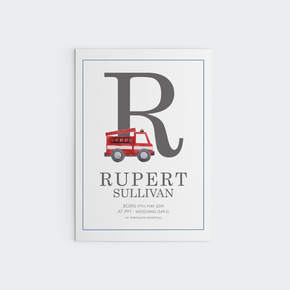 Watercolour vehicles - Personalised Name and Letter Print - Grey - Pompom Prints