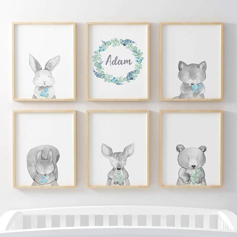 Woodland Animals Blue - 6 Set - Pompom Prints