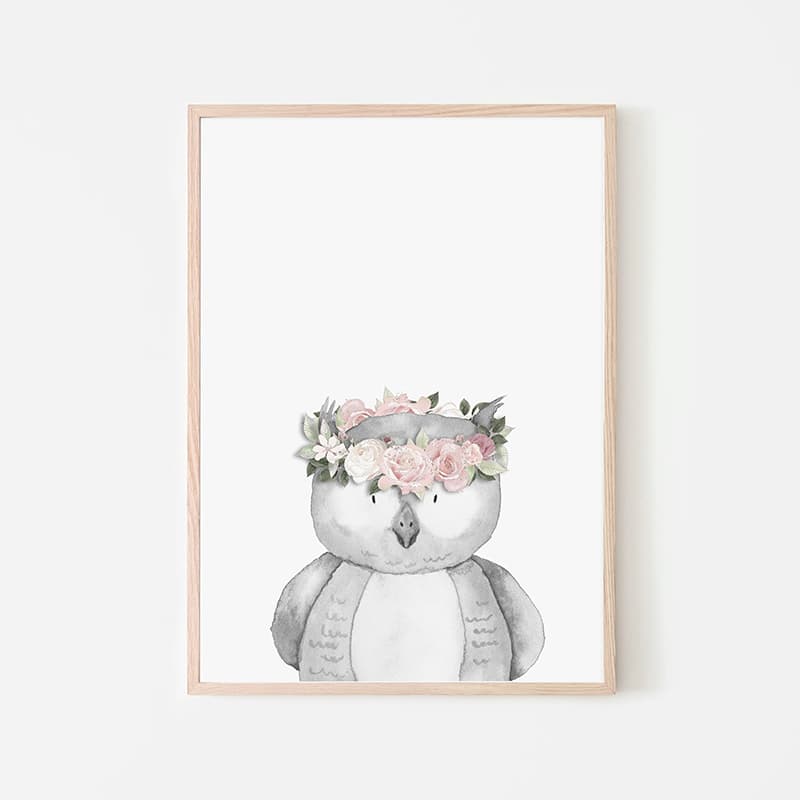 Woodland Animals Pink - Owl - Pompom Prints