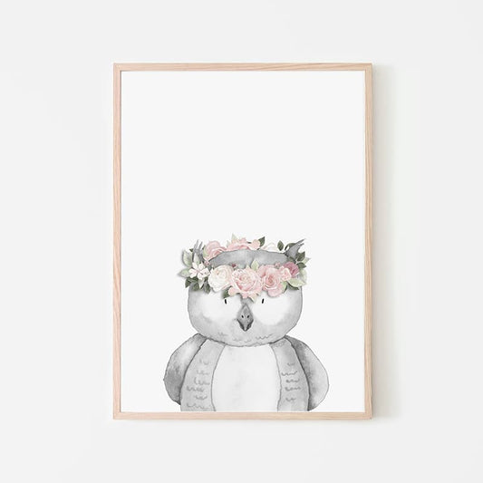 Woodland Animals Pink - Owl - Pompom Prints