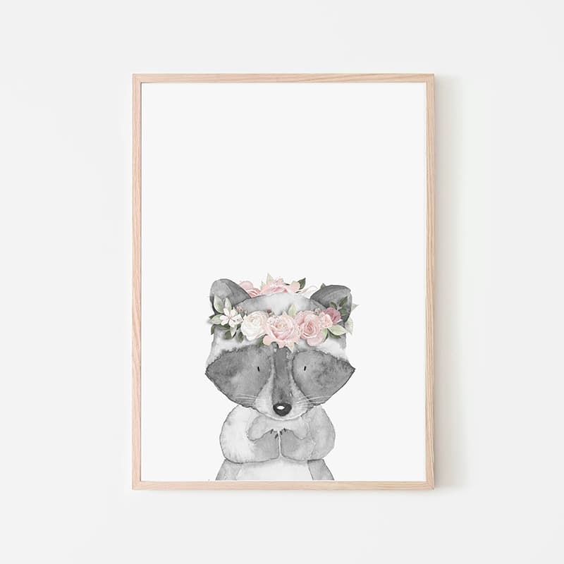 Woodland Animals Pink - Racoon - Pompom Prints