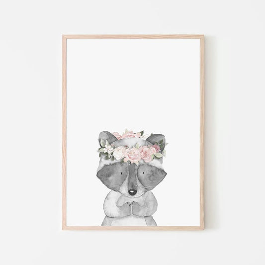 Woodland Animals Pink - Racoon - Pompom Prints