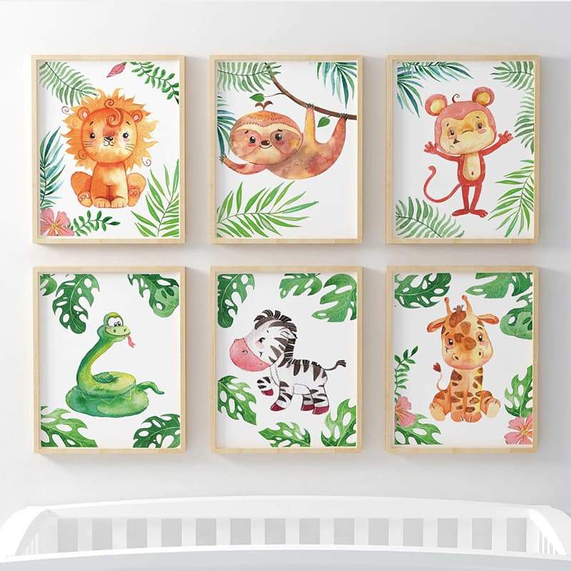 Animal Safari 6 Set (Lion, Sloth, Monkey, Snake, Zebra, Giraffe) - Pompom Prints