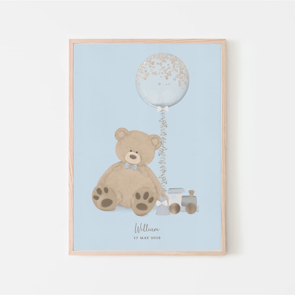 Bear and Balloon - Personalised Blue Print - Pompom Prints