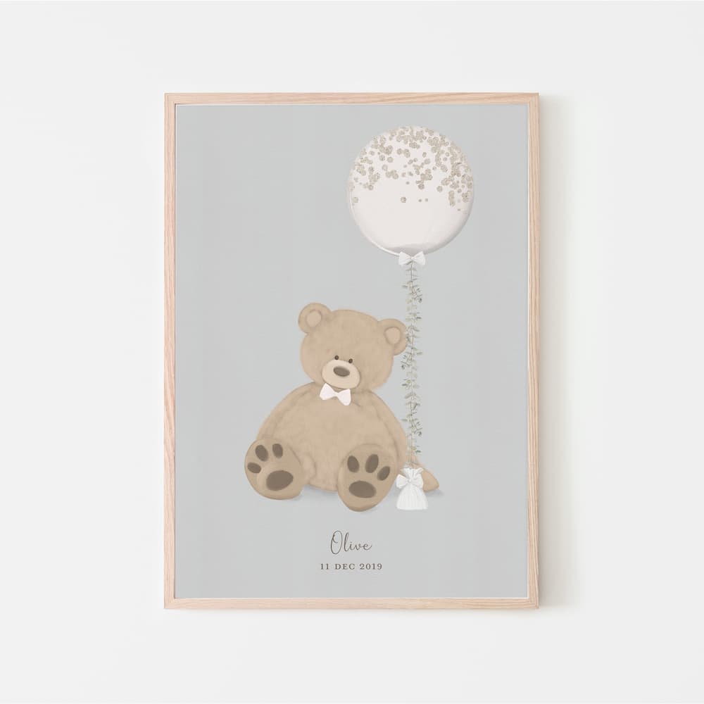 Bear and Balloon - Personalised Grey Print - Pompom Prints