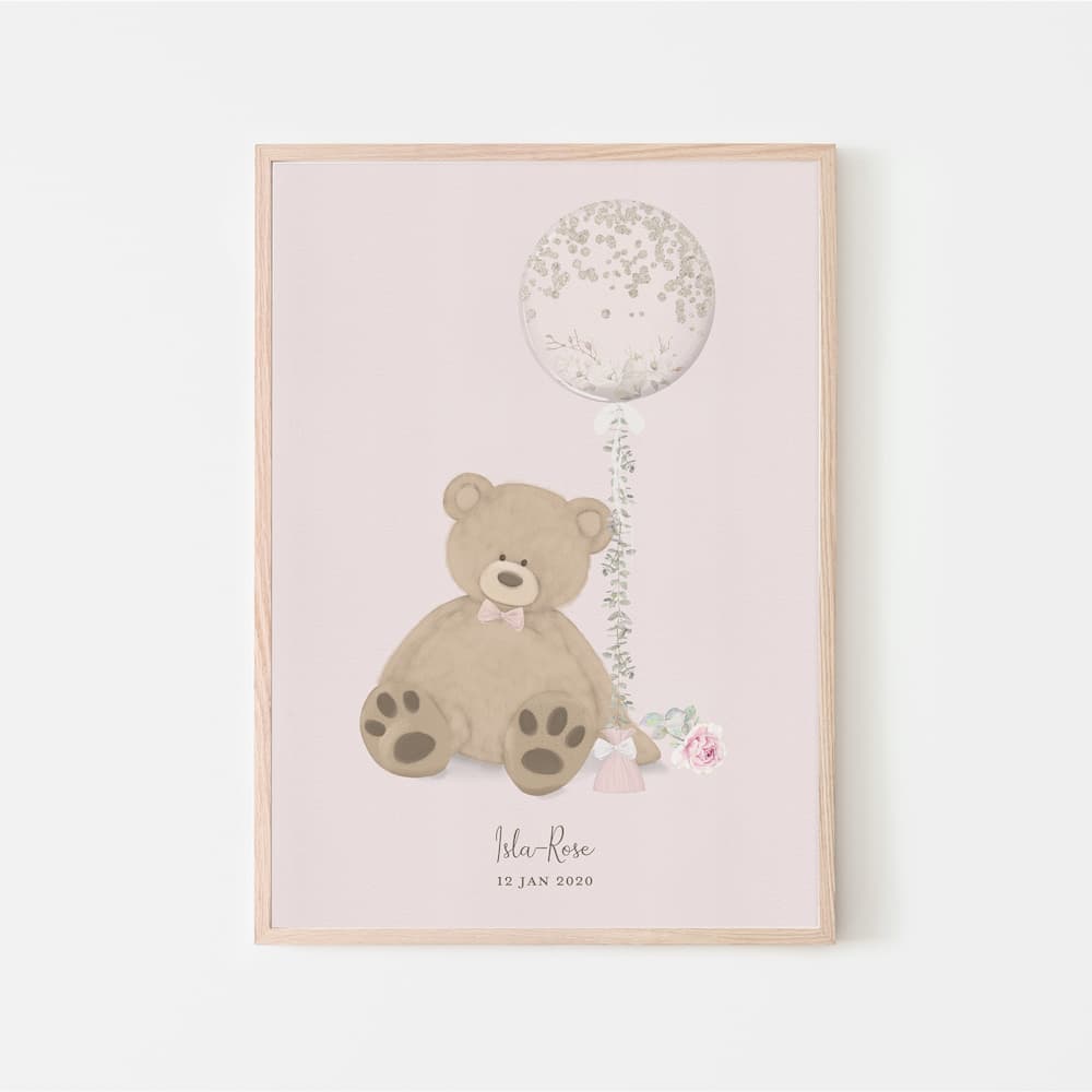 Bear and Balloon - Personalised Pink Print - Pompom Prints