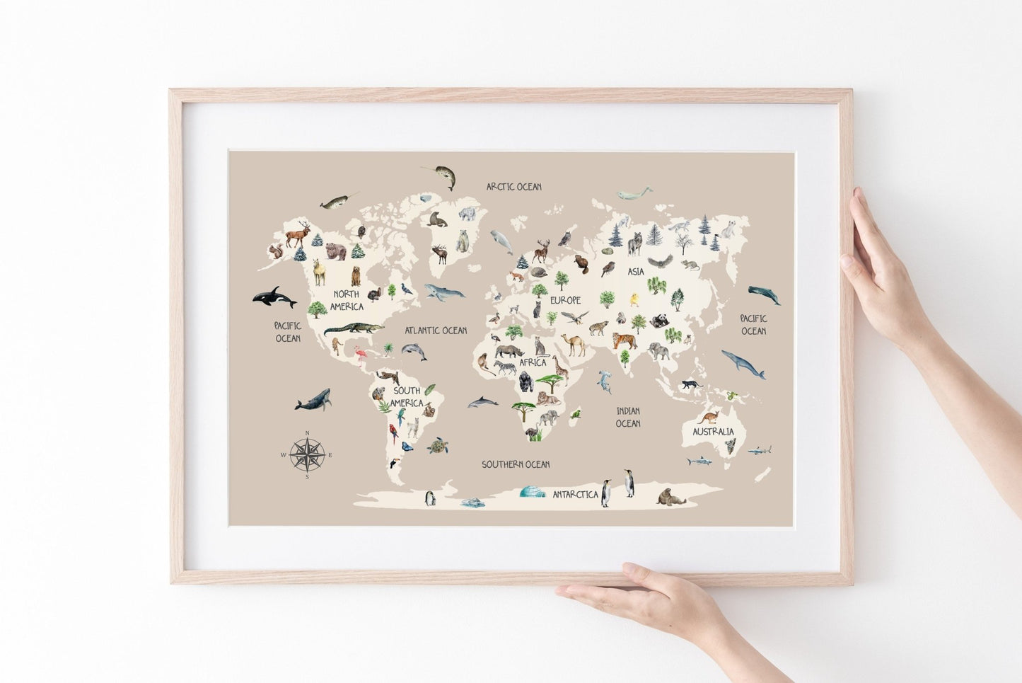 Childrens Animal World Map - Scandinavian Style - Pompom Prints