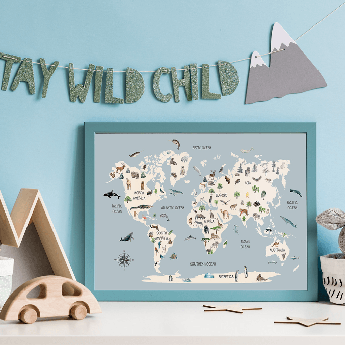 Childrens Animal World Map - Scandinavian Style - Pompom Prints