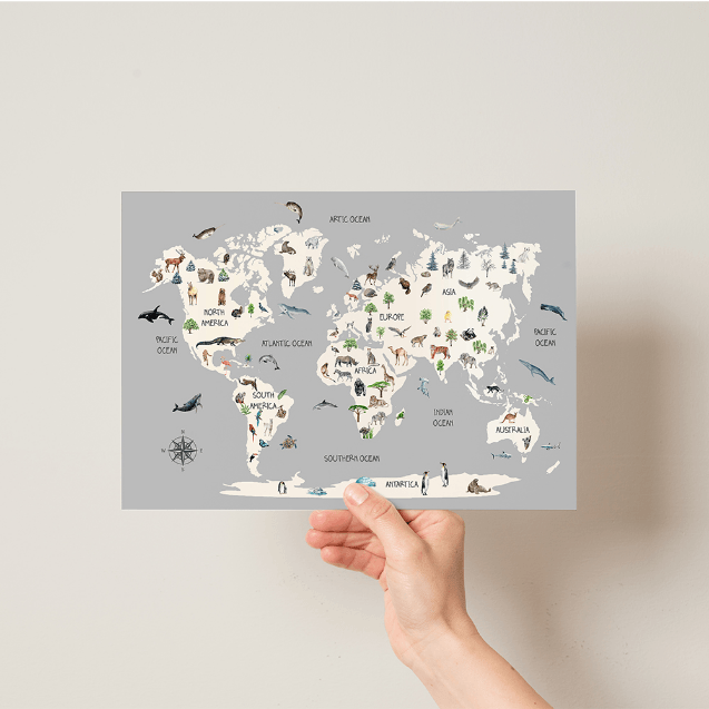 Childrens Animal World Map - Scandinavian Style - Pompom Prints