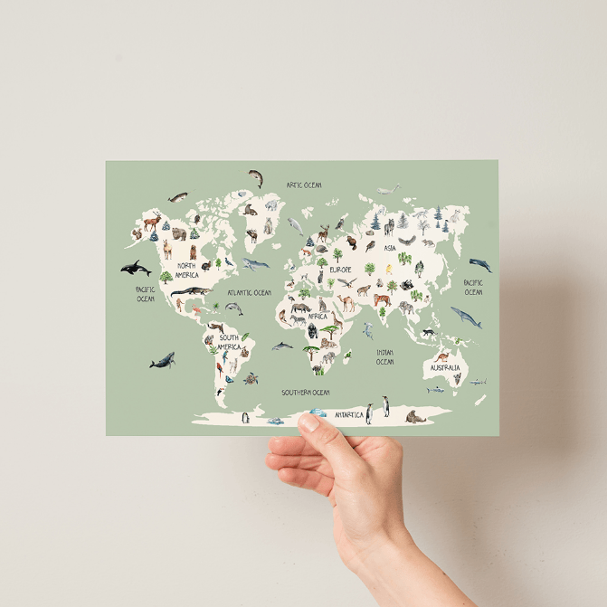 Childrens Animal World Map - Scandinavian Style - Pompom Prints