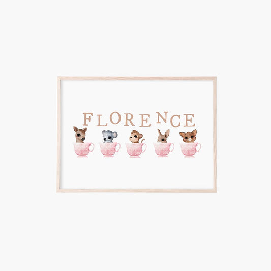 Personalised Baby Animals in Teacups - Pink - Pompom Prints