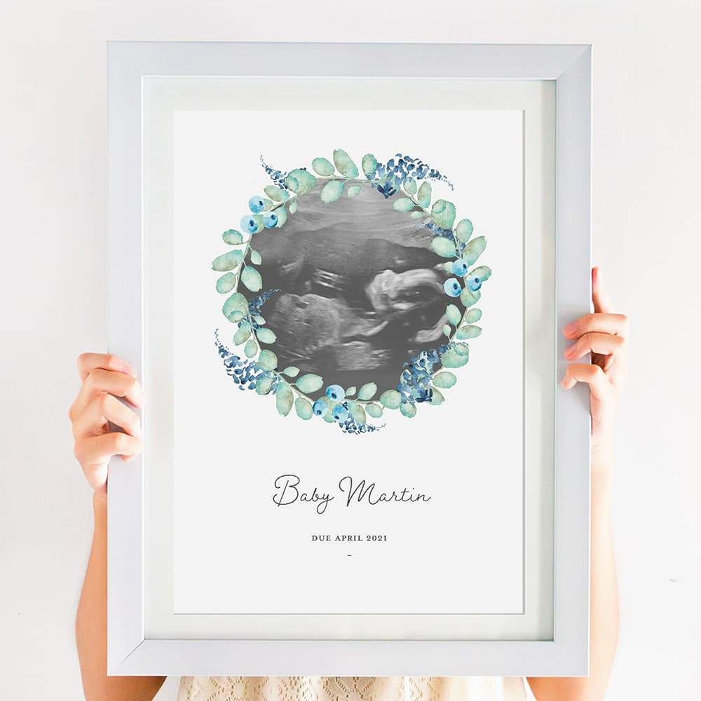 Personalised Baby Scan Portrait - Blue Wreath - Pompom Prints