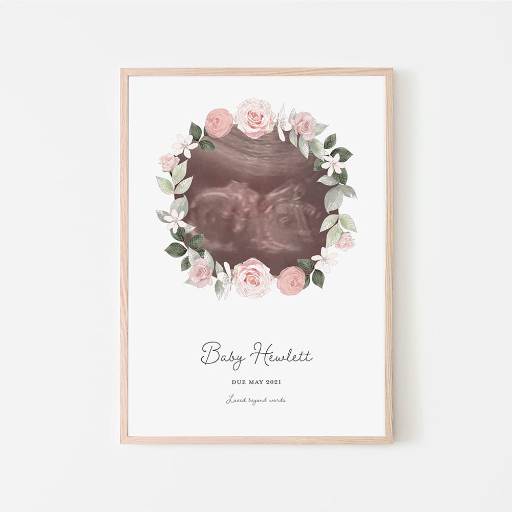Personalised Baby Scan Portrait - Pink Wreath - Pompom Prints