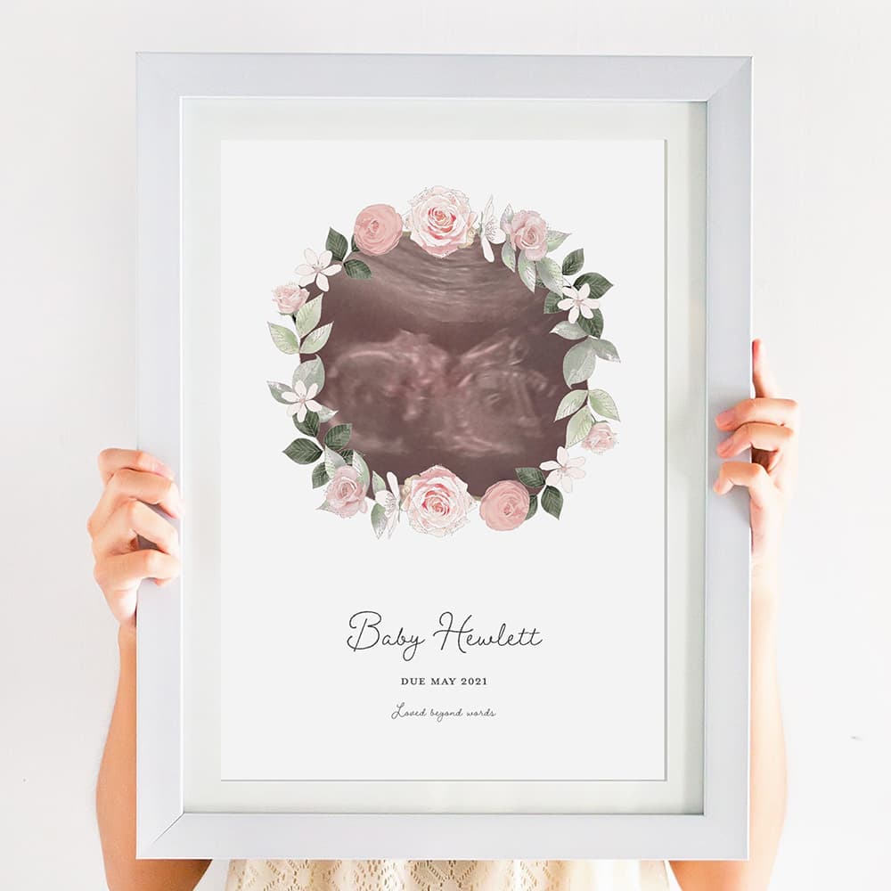 Personalised Baby Scan Portrait - Pink Wreath - Pompom Prints