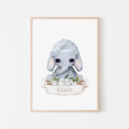 Watercolour Animals Name Print - Elephant - Boy - Pompom Prints