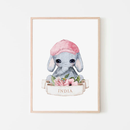 Watercolour Animals Name Print - Elephant - Girl - Pompom Prints