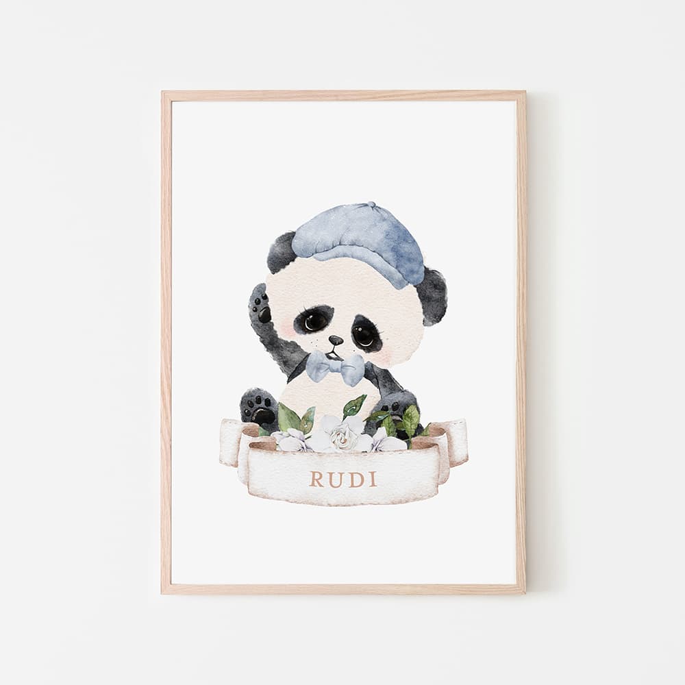 Watercolour Animals Name Print - Panda - Boy - Pompom Prints