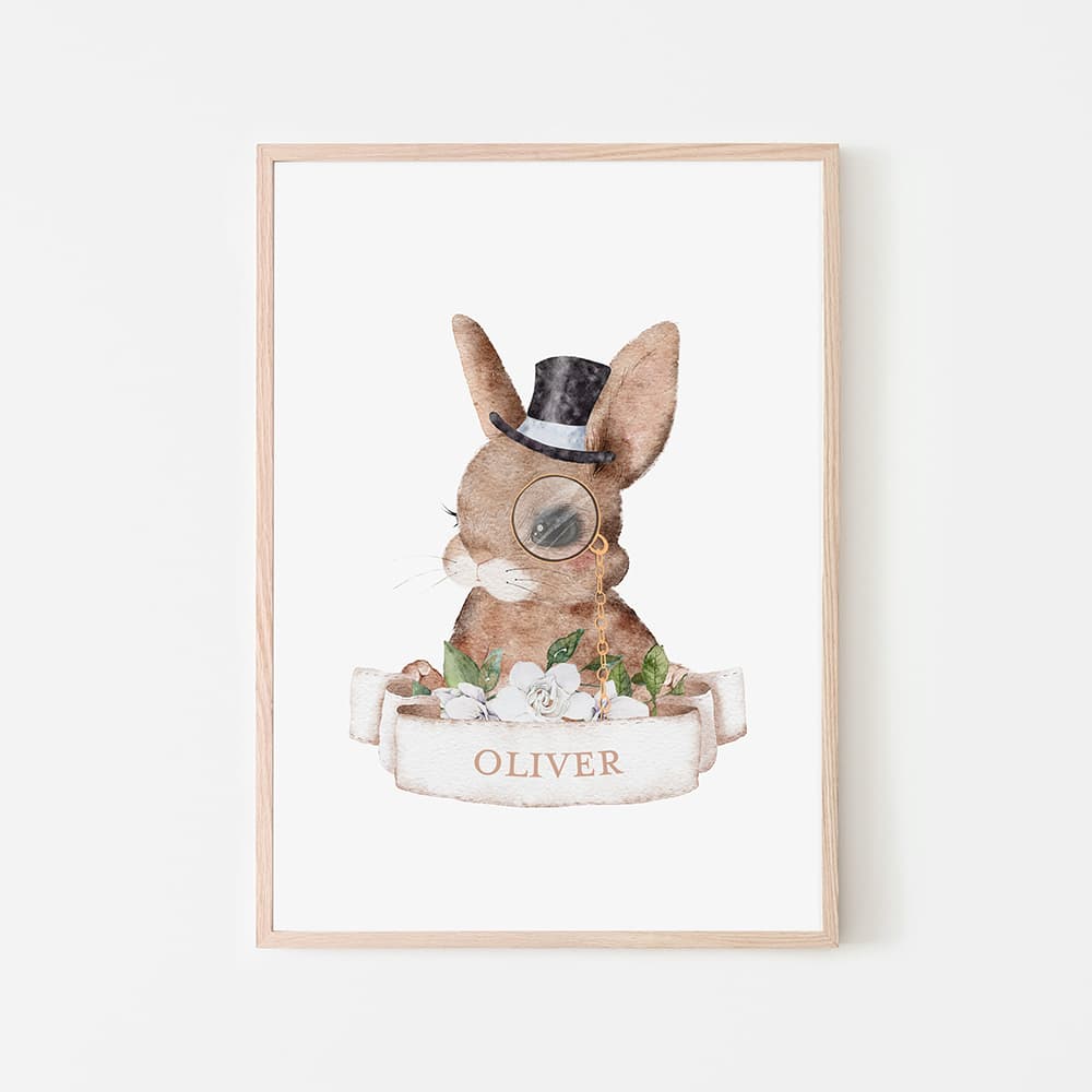 Watercolour Animals Name Print - Rabbit - Boy - Pompom Prints